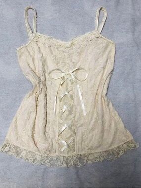 Axes Femme J-Fashion lace up corset style top with ribbon in cream size m